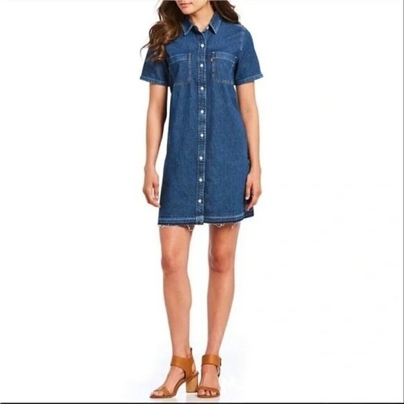 NEW Levi’s Medium Wash Raw Hem Button Up Dress Blue Large - Picture 2 of 4